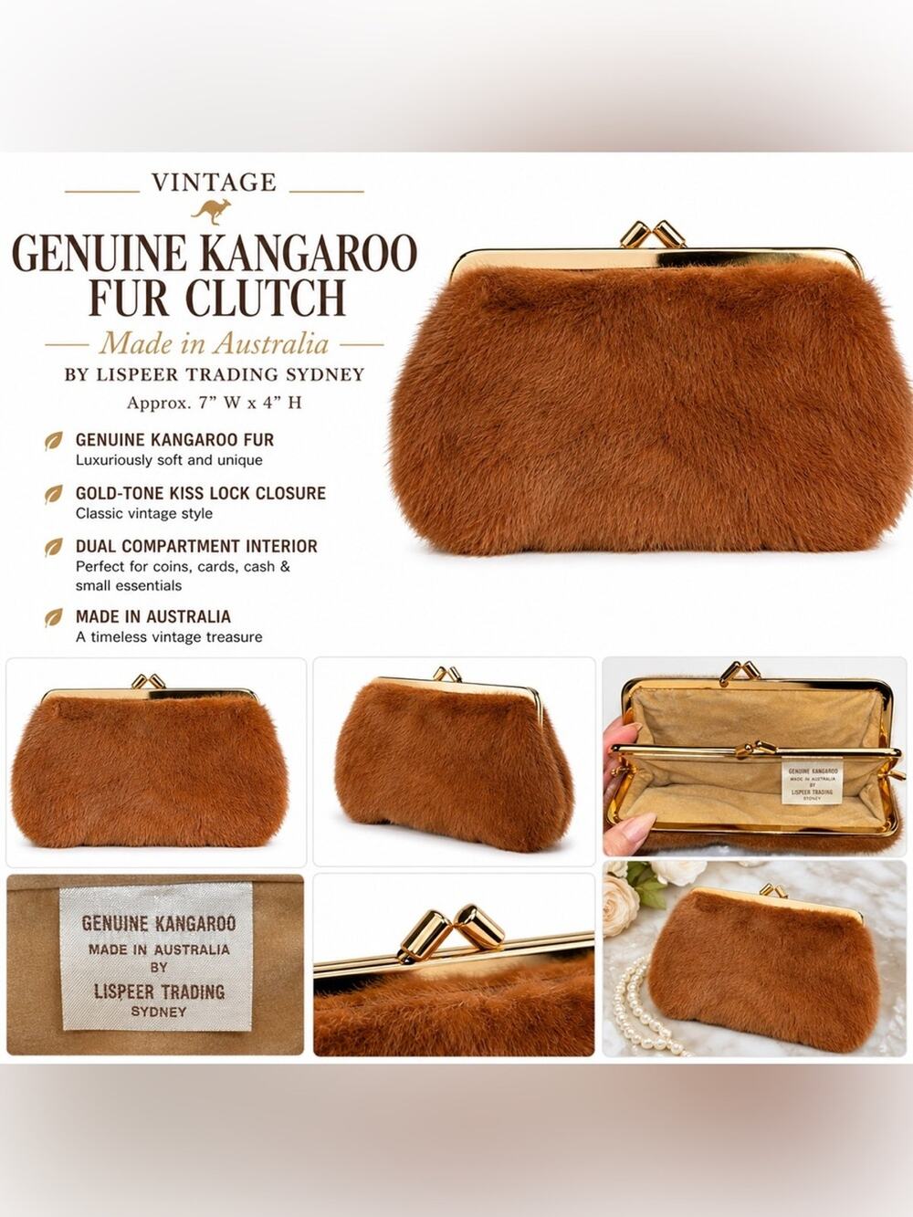 Vintage Genuine Kangaroo Fur Double Kiss Lock Clutch Purse Made in Australia